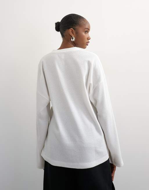 Topshop top Henley à manches longues en maille gaufrée écru, 4 de 4