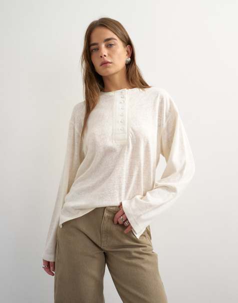 Topshop top henley à patte de boutonnage large et manches longues en écru - view 1