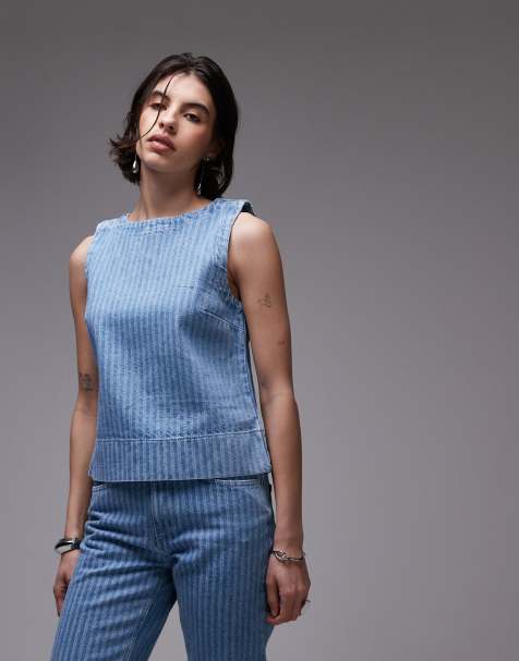 Topshop - Top in denim candeggiato a righe - view 1