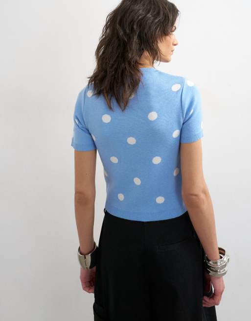 Topshop - Top in maglia blu a pois con scollo a V alto, 4 di 4