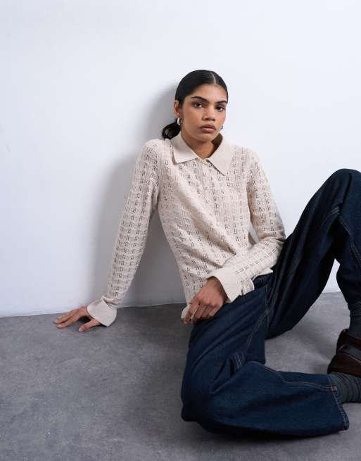 Topshop - Top in maglia color avena con bottoni