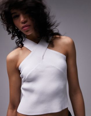 Topshop knitted cross front top in ivory - ASOS Price Checker