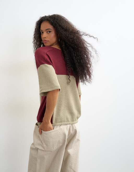 Topshop - Top in maglia color block con coulisse rosso mora e kaki, 3 di 4