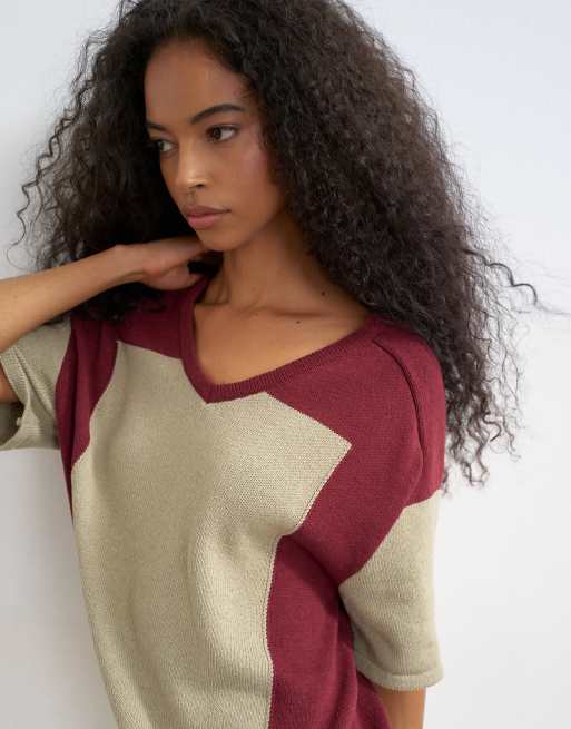 Topshop - Top in maglia color block con coulisse rosso mora e kaki, 4 di 4