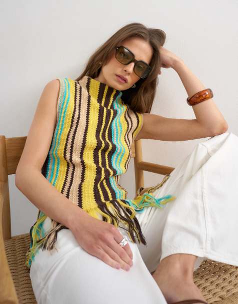 Topshop - Top in maglia giallo e marrone a righe con frange - view 1