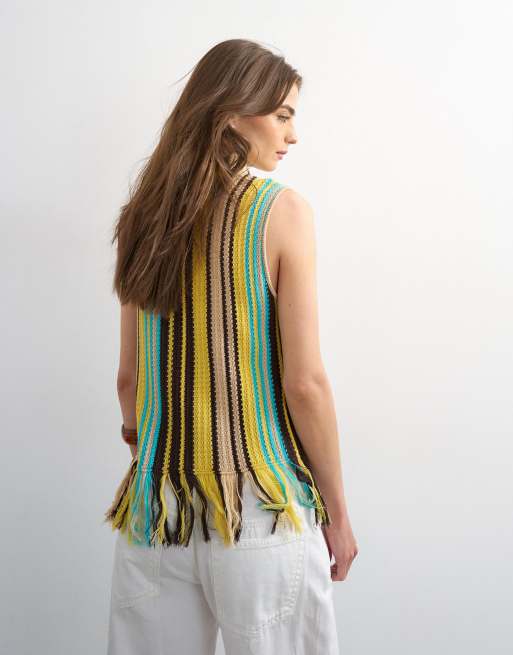 Topshop - Top in maglia giallo e marrone a righe con frange, 2 di 4
