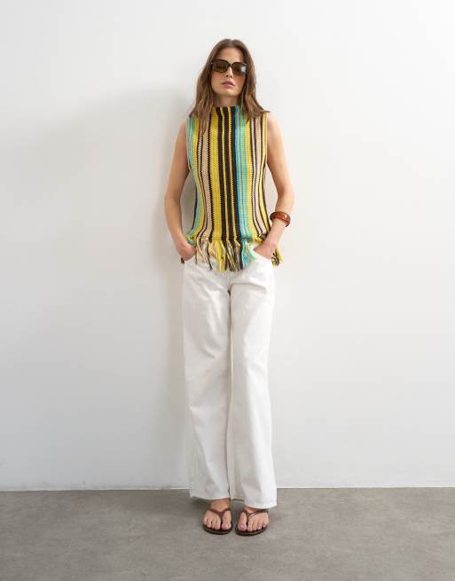 Topshop - Top in maglia giallo e marrone a righe con frange, 3 di 4