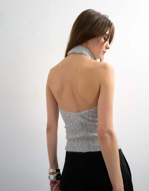 Topshop - Top in maglia grigio con scollo drappeggiato e schiena scoperta, 2 di 4