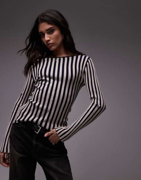 Topshop - Top in maglia monocromatica a righe con scollo a barca - view 1