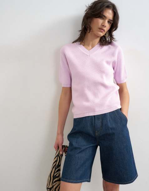 Topshop - Top in maglia rosa con scollo a V alto - view 1