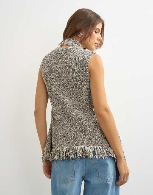 Topshop top in maglia senza maniche con frange e peplo, marrone, 4 di 4