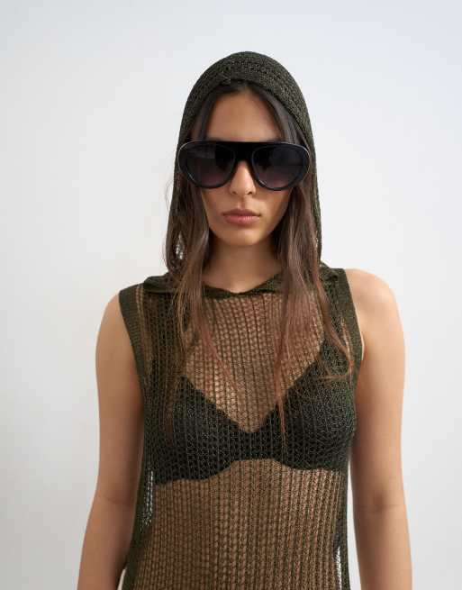 Topshop - Top in maglia sottile con cappuccio kaki metallizzato , 2 di 4