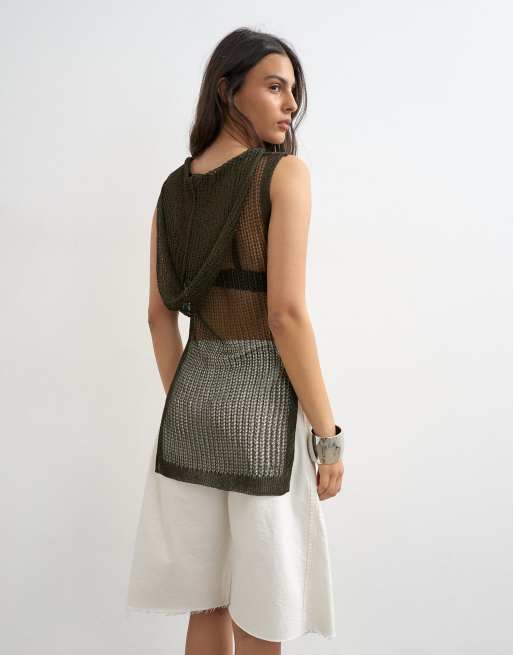 Topshop - Top in maglia sottile con cappuccio kaki metallizzato , 4 di 4
