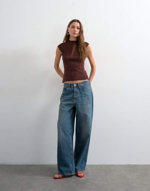 Topshop - Top in maglia trasparente color cioccolato con maniche ad aletta, 2 di 4