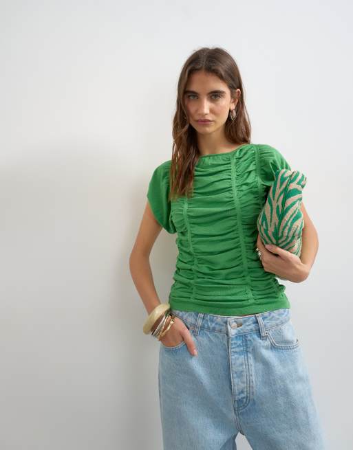 Topshop - Top in maglia verde con maniche ad aletta e dettaglio raccolto