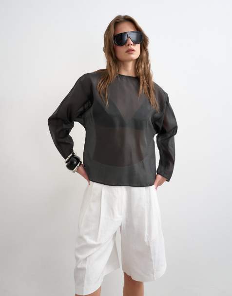 Topshop - Top in organza nero con scollo rotondo - view 1