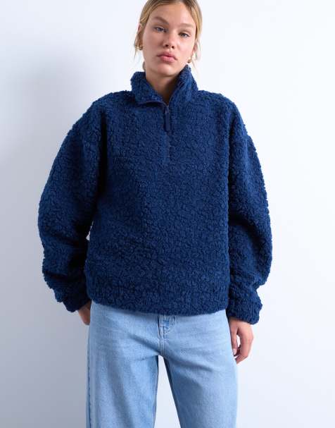 Topshop - Top in pile borg blu navy con zip corta - view 1