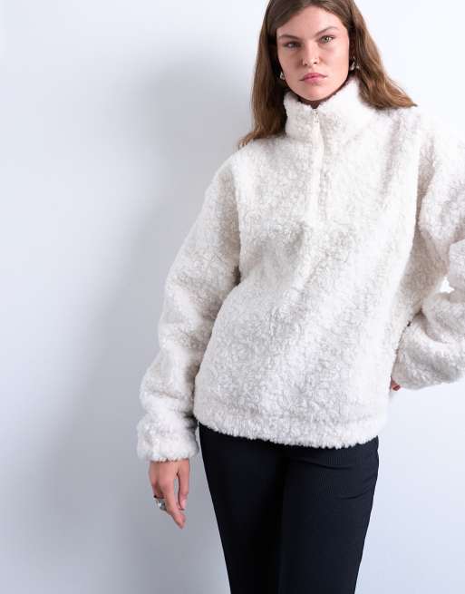 Topshop - Top in pile borg écru con zip corta