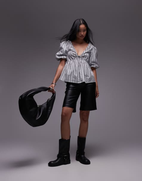 Topshop - Top in popeline monocromatico a righe con maniche a sbuffo - view 1