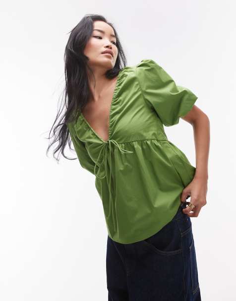 Topshop - Top in popeline verde con maniche a sbuffo - view 1
