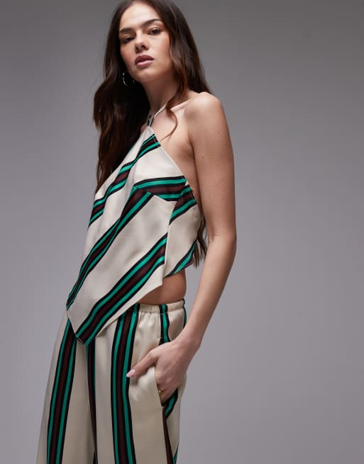 Topshop - Top in raso beige a righe bordeaux e verdi con fondo a V in coordinato