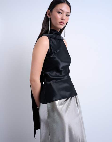 Topshop - Top in raso nero con dettaglio foulard - view 1