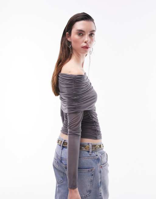 Topshop - Top in rete a maniche lunghe antracite trasparente con scollo Bardot, 4 di 4