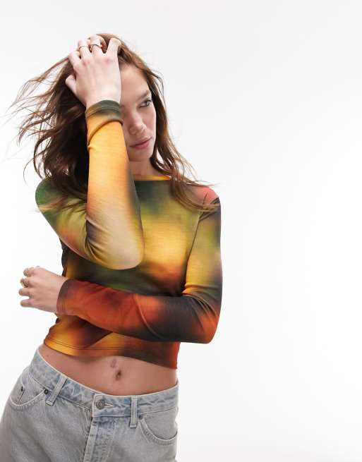 Topshop - Top in rete a maniche lunghe multicolore effetto spray