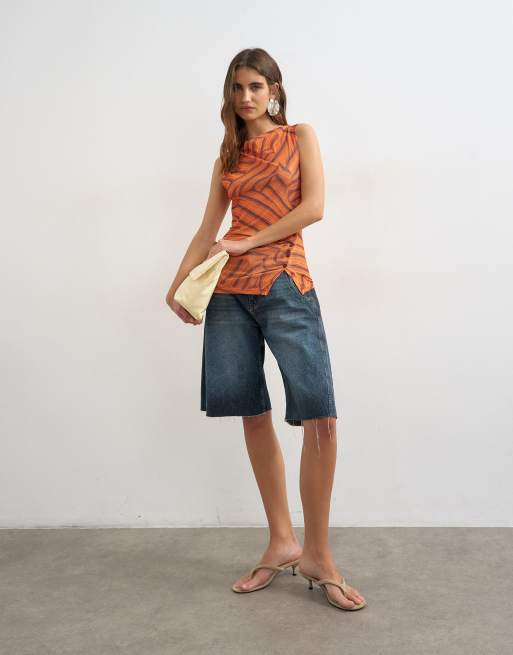 Topshop - Top in rete arancione con bottoni e scollo a barchetta, 2 di 4