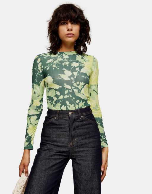 Topshop - Top in rete con stampa a fiori, colore verde