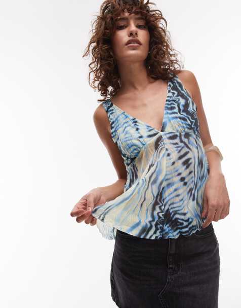 Topshop - Top in rete stropicciata blu con stampa e scollo a V - view 1