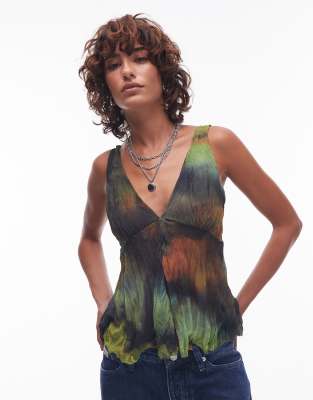 Topshop - Top in rete stropicciata multicolore con stampa e scollo a V