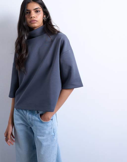 Topshop - Top in tessuto interlock color grigio antracite con collo a imbuto