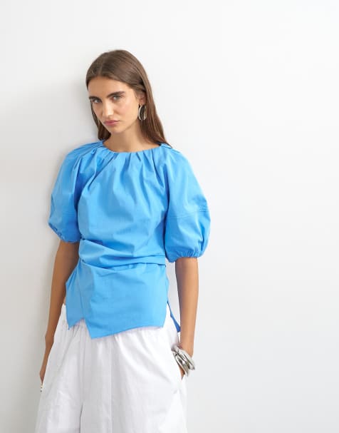 Topshop top kopertowy z bufkami w kolorze chabrowym - view 1