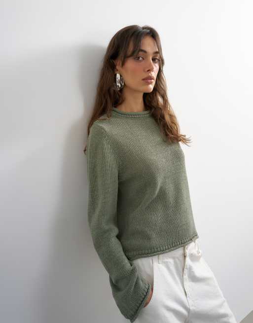 Topshop top lavorato a maglia a maniche lunghe con bordi arrotolati color kaki