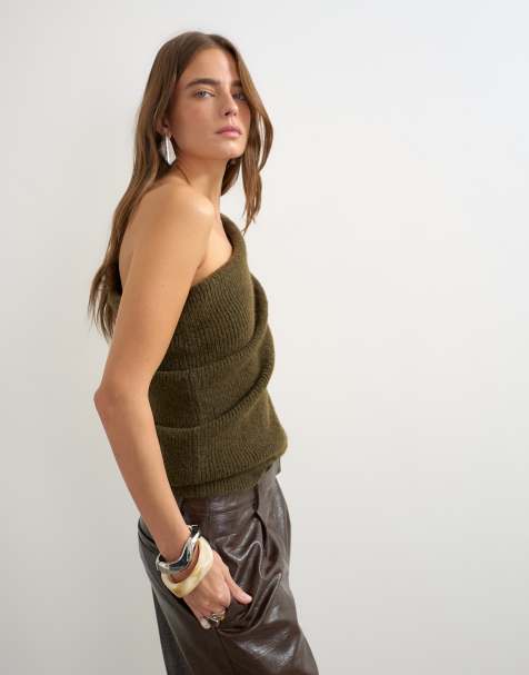 Topshop top lavorato a maglia monospalla drappeggiato in kaki - view 1