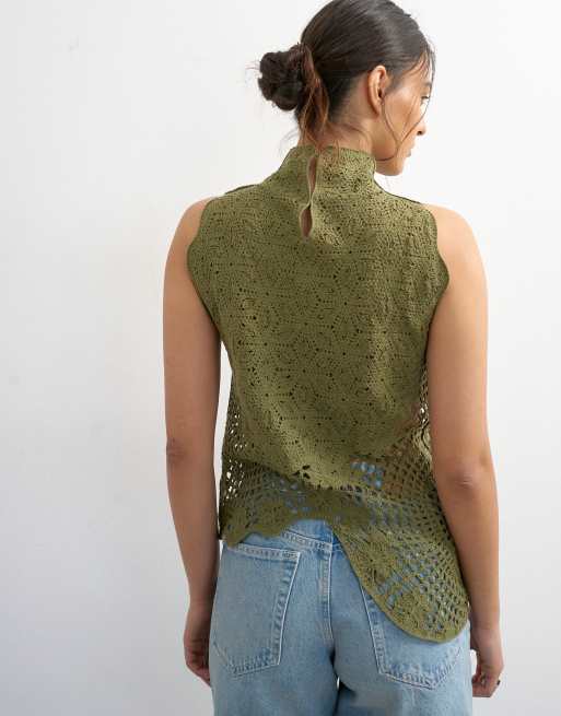 Topshop - Top lavorato all'uncinetto verde kaki, 4 di 4