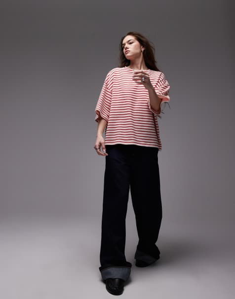 Topshop - Top manches courtes coupe carrée en tissu éponge à rayures - Rouge - view 1