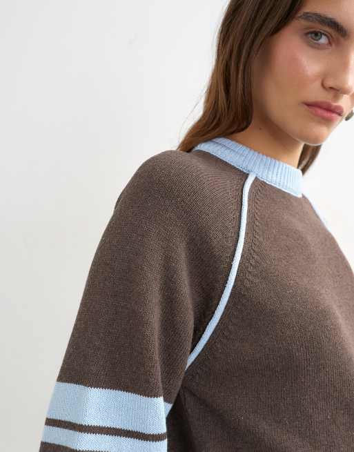 Topshop - Top manches courtes en maille avec liserés bleus - Marron, 3 de 4