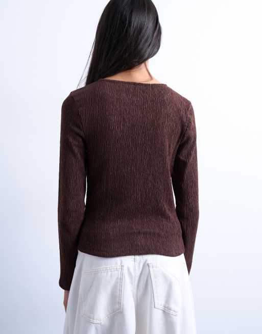 Topshop - Top manches longues boutonné effet froissé - Marron chocolat, 4 de 4
