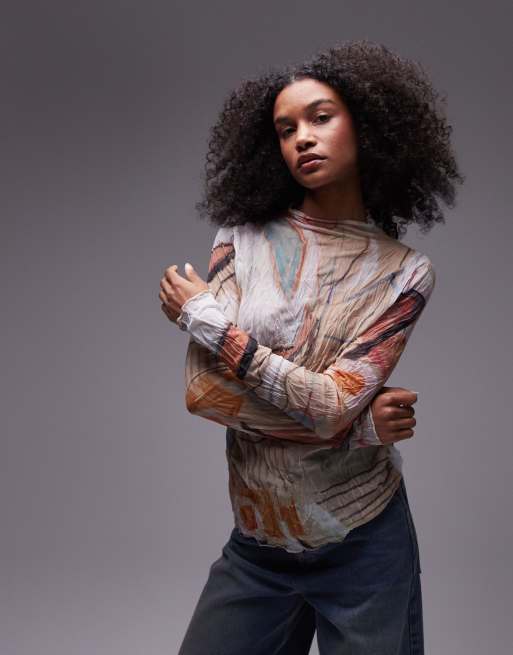 Topshop - Top manches longues effet froissé à imprimé abstrait et col montant - Multicolore