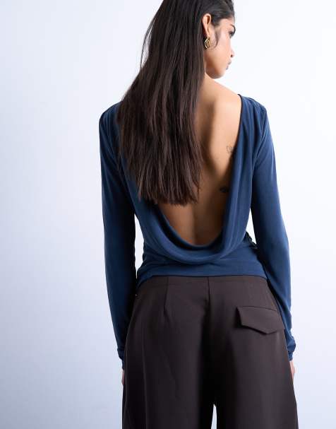 Topshop - Top manches longues en cupro avec dos bénitier - Bleu marine - view 1