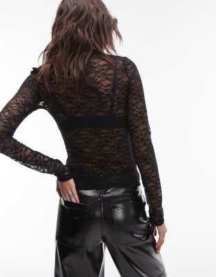 Top Noir Topshop Motif Dentelle Et Résille - Taille UK 8 - Occasion Très Bon état