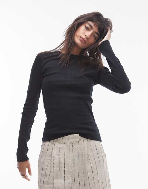 Topshop - Top manches longues en maille pointelle à bordures picot - Noir - view 1