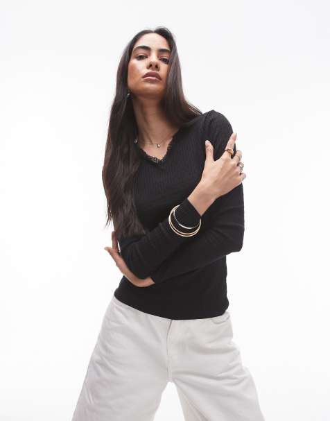 Topshop - Top manches longues en maille pointelle et dentelle avec col V - Noir - view 1