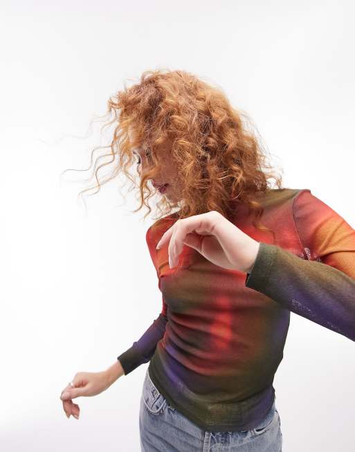 Topshop - Top manches longues en tulle à col montant et imprimé effet carte thermique - Multicolore