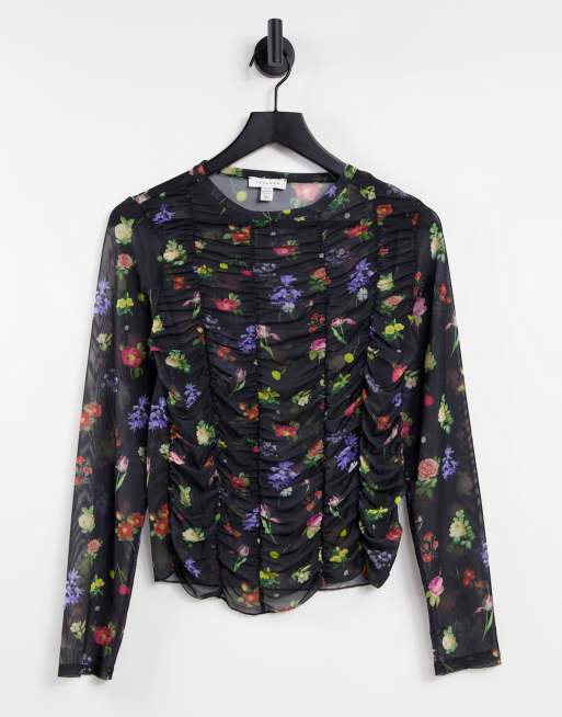 Topshop - Top manches longues en tulle à motif fleuri - Multicolore