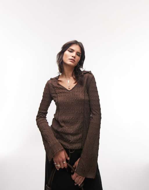 Topshop - Top manches longues en tulle avec col en V - Marron