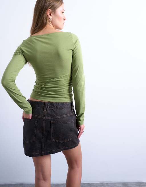 Topshop - Top manches longues froncé en modal avec encolure bateau - Vert, 4 de 4