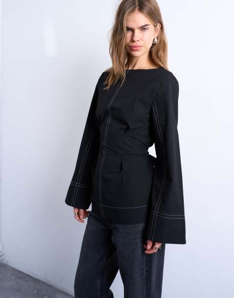 Topshop - Top manches longues noué à la taille avec coutures contrastantes - Noir - view 1